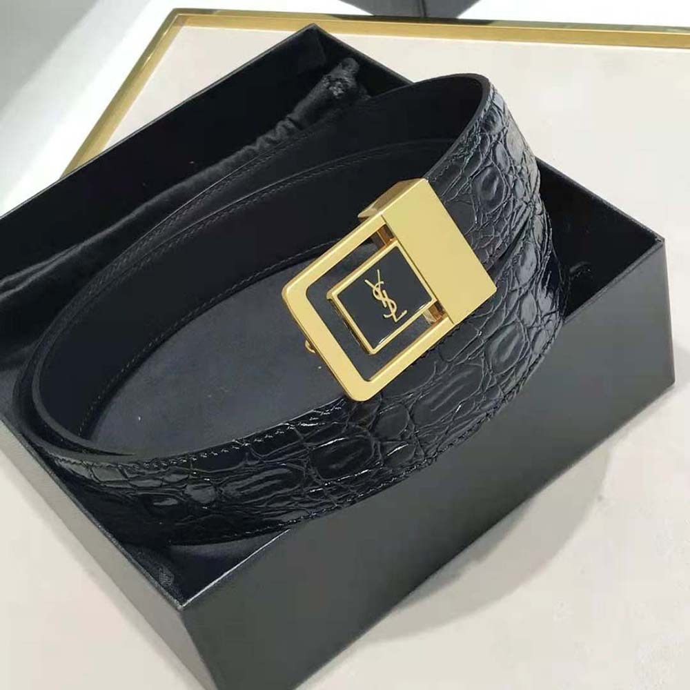 Side profile showing slim silhouette and texture of Saint Laurent YSL La 66 Belt