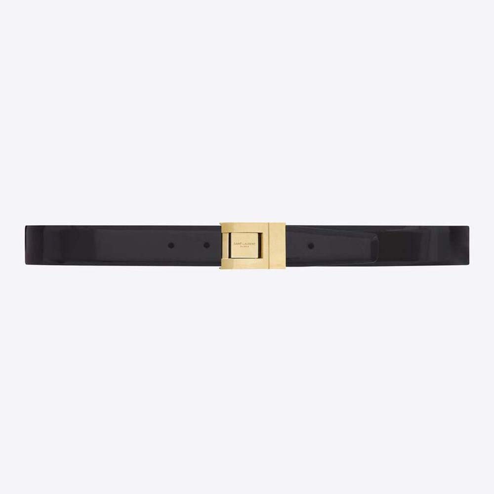 Front angle view of Saint Laurent YSL Women La 76 Buckle Belt black leather
