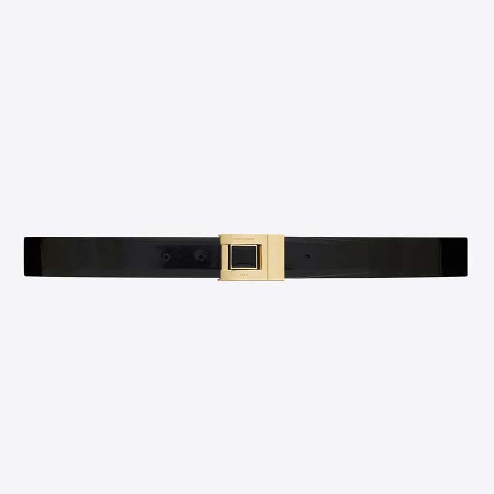 Front view of Saint Laurent YSL Women La 76 Buckle Belt in black leather