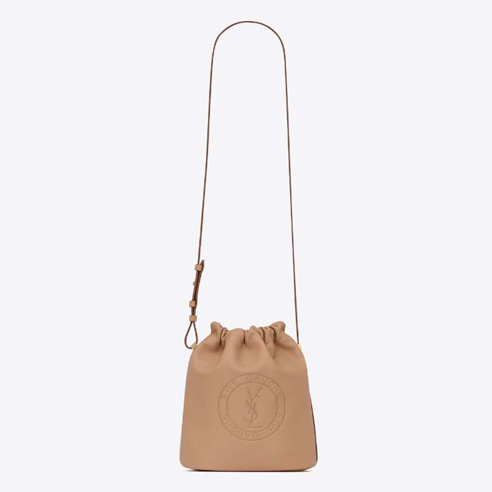 Front view of Saint Laurent YSL Men Rive Gauche Laced Bucket Bag in brown leather