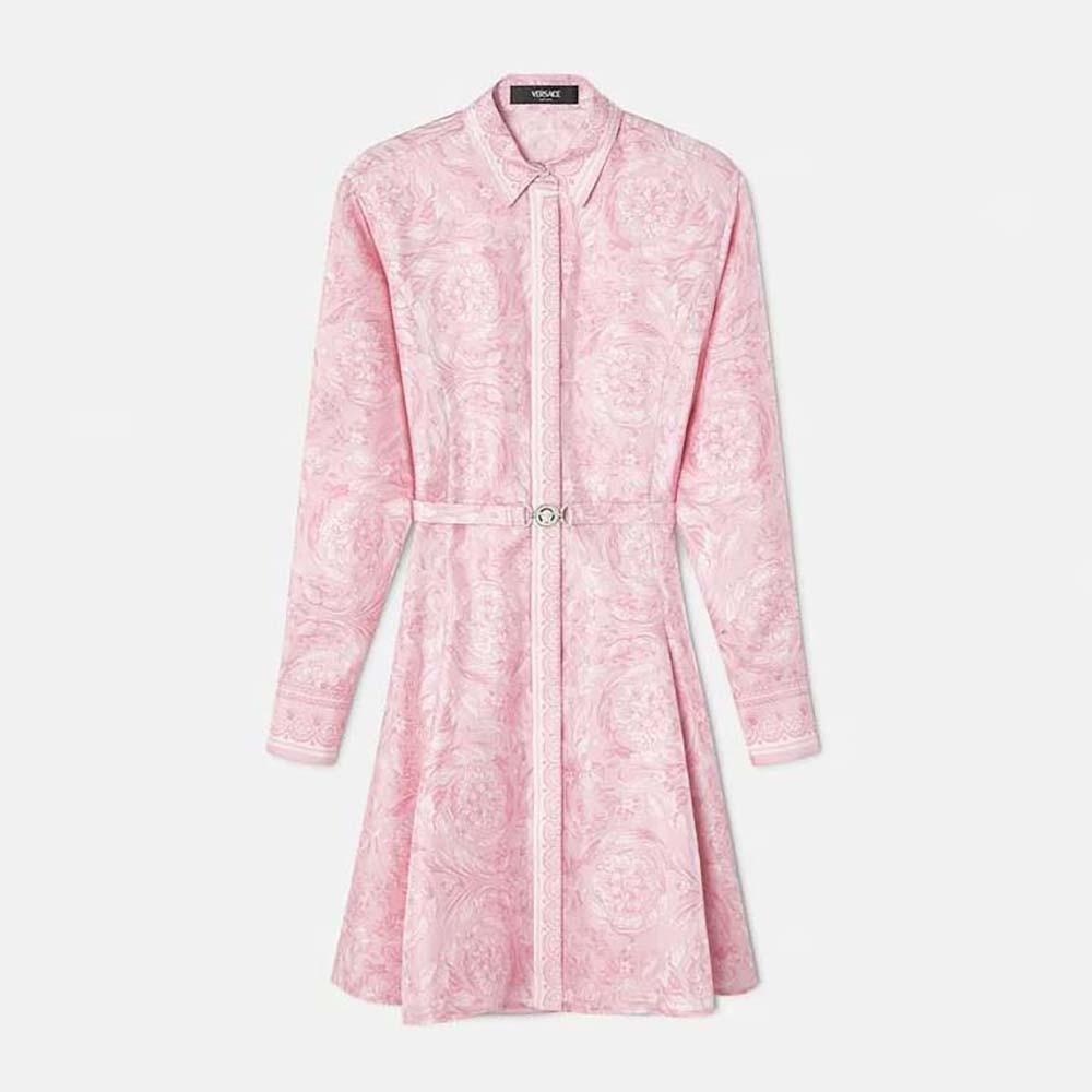 Front view of Versace Women Barocco Silk Midi Shirt Dress-Pink