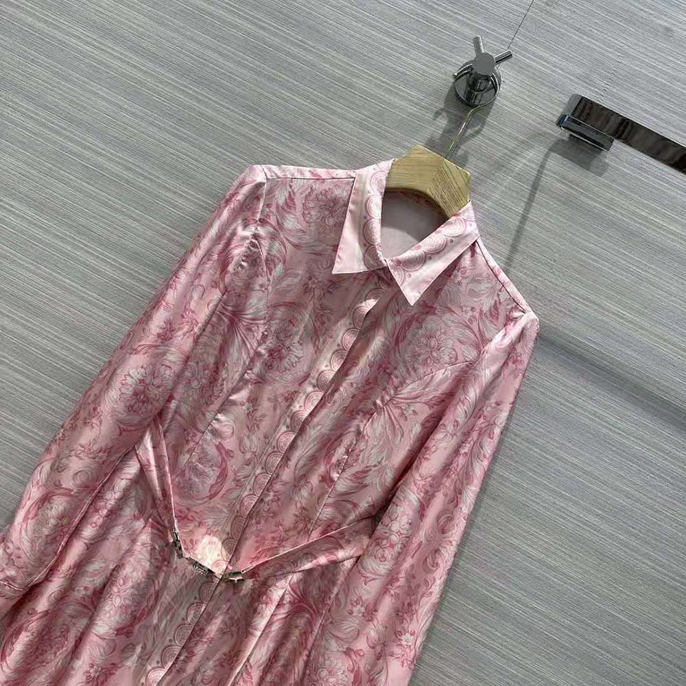 Versace Women Barocco Silk Midi Shirt Dress-Pink - image 4
