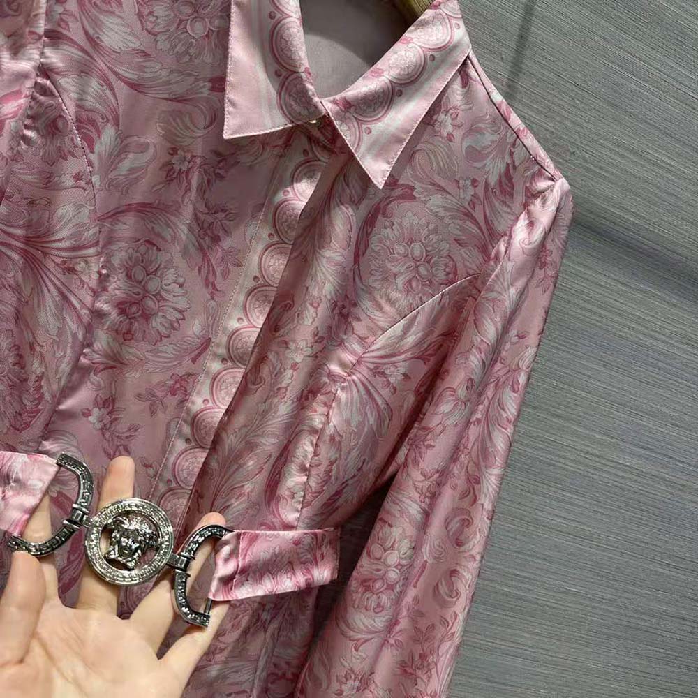 Versace Women Barocco Silk Midi Shirt Dress-Pink - image 7