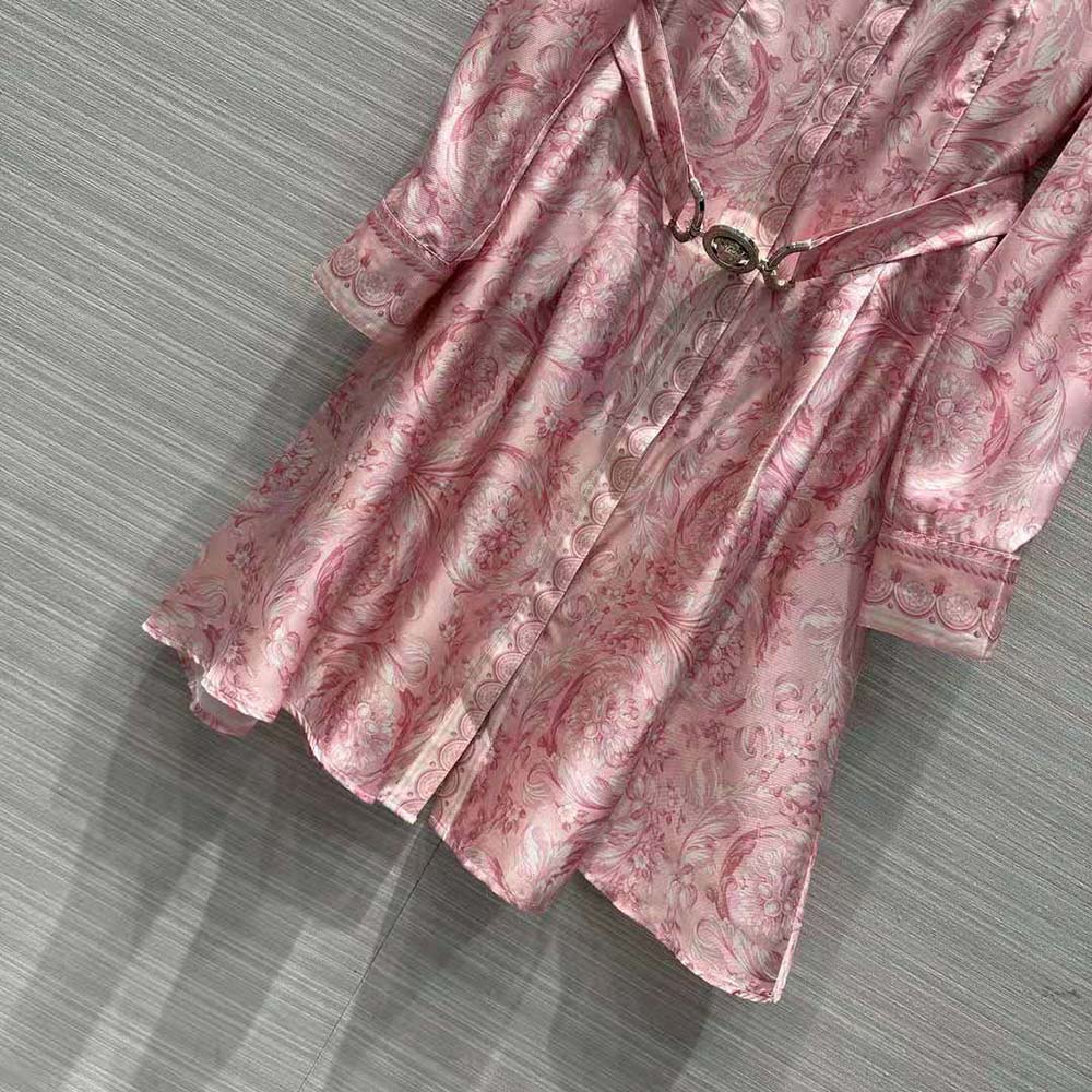 Versace Women Barocco Silk Midi Shirt Dress-Pink - image 5