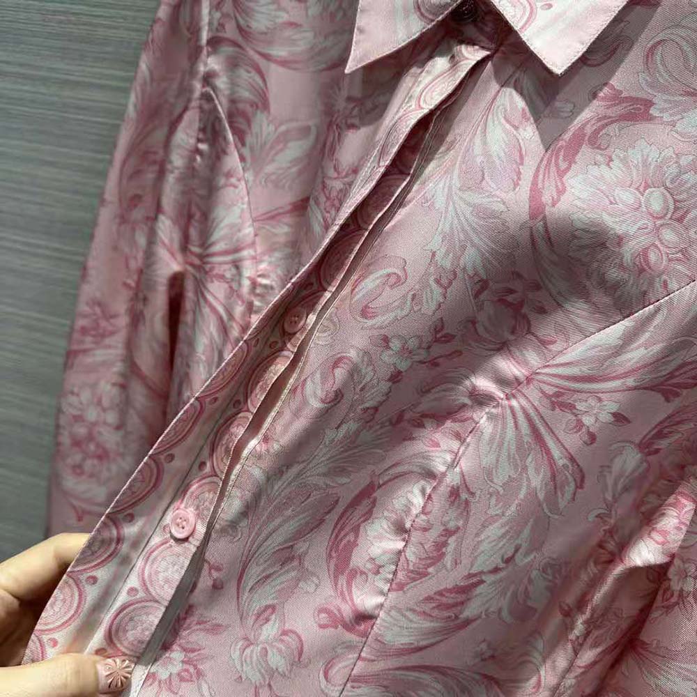 Versace Women Barocco Silk Midi Shirt Dress-Pink - image 8