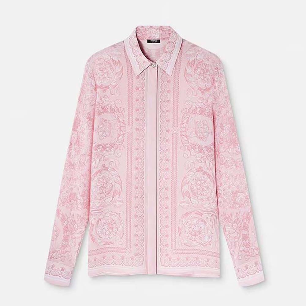 Front view of Versace Women Barocco Silk Shirt-Pink showcasing Barocco print