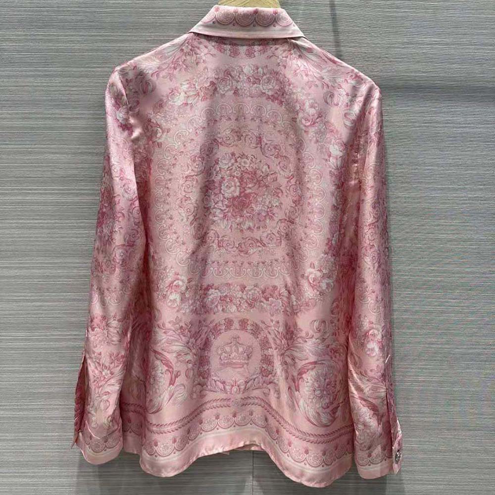 Side angle of Versace Women Barocco Silk Shirt-Pink highlighting silk texture