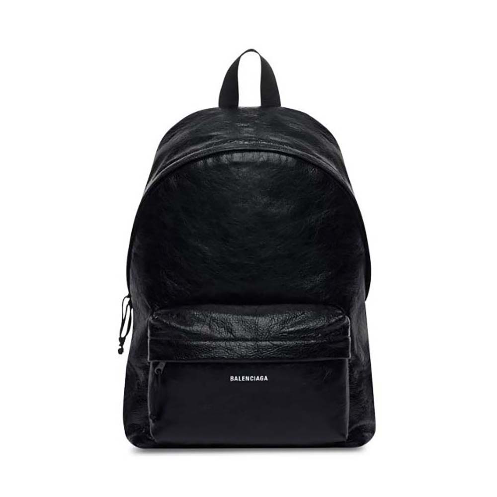 Front view of Balenciaga Men Explorer Backpack in black arena lambskin