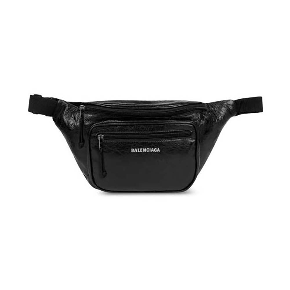 Front view of Balenciaga Men Explorer Beltpack in Black showing zip and logo