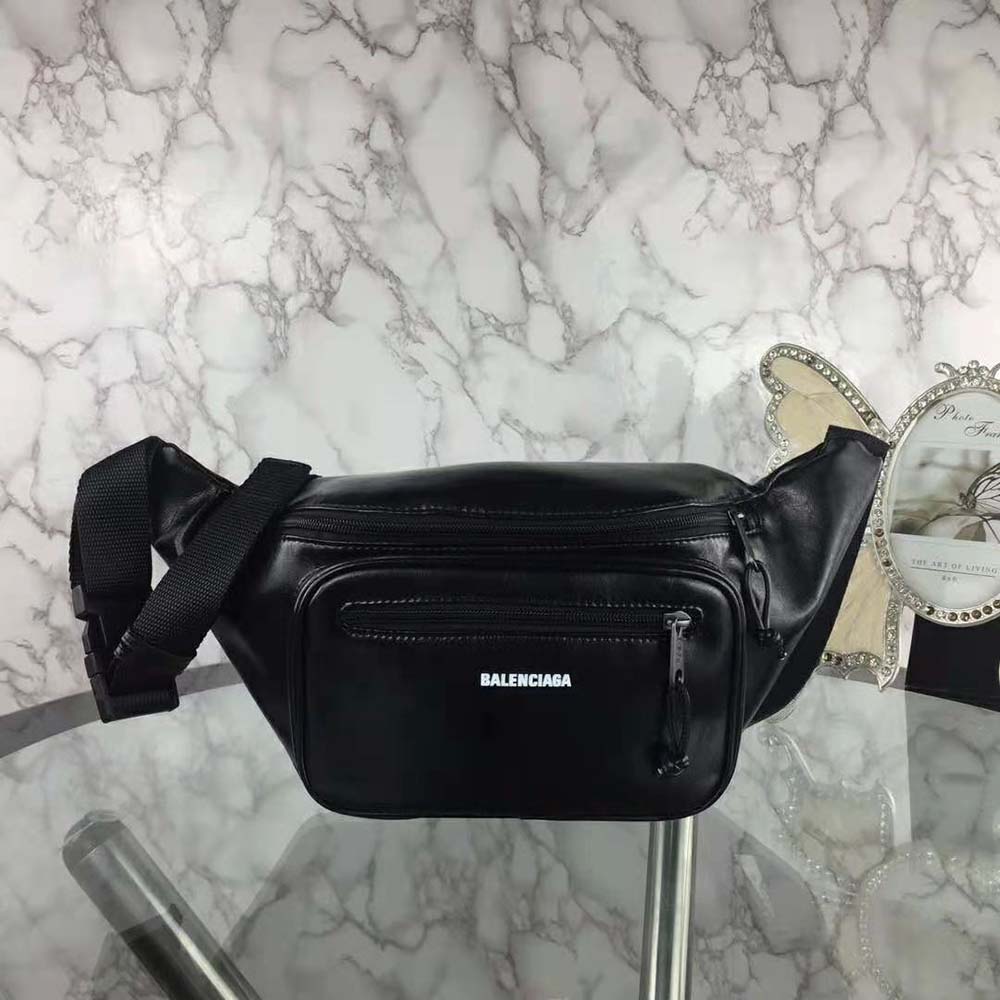 Close-up of matte black hardware and nylon texture on Balenciaga Men Explorer Beltpack