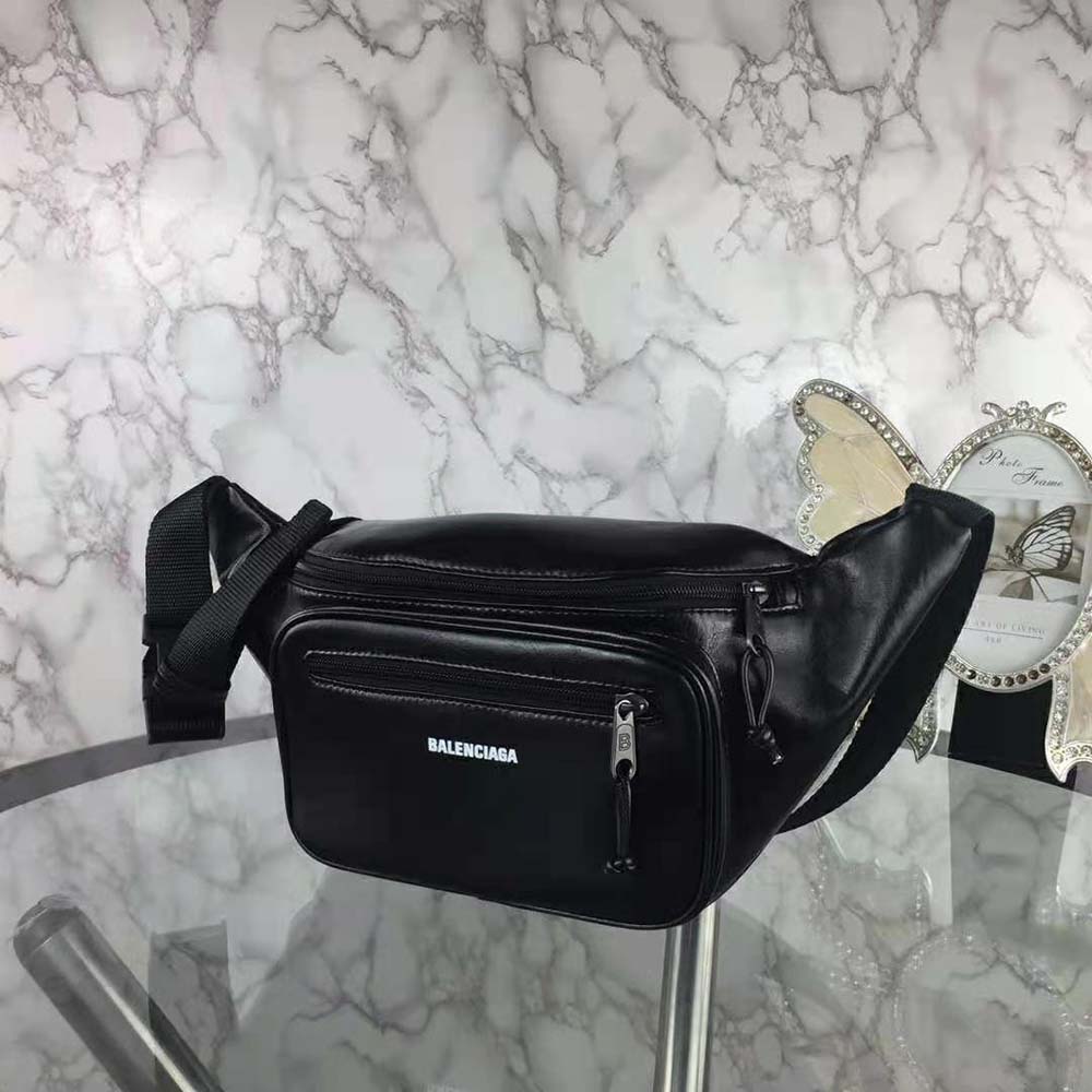Side angle of Balenciaga Men Explorer Beltpack highlighting compact silhouette and strap