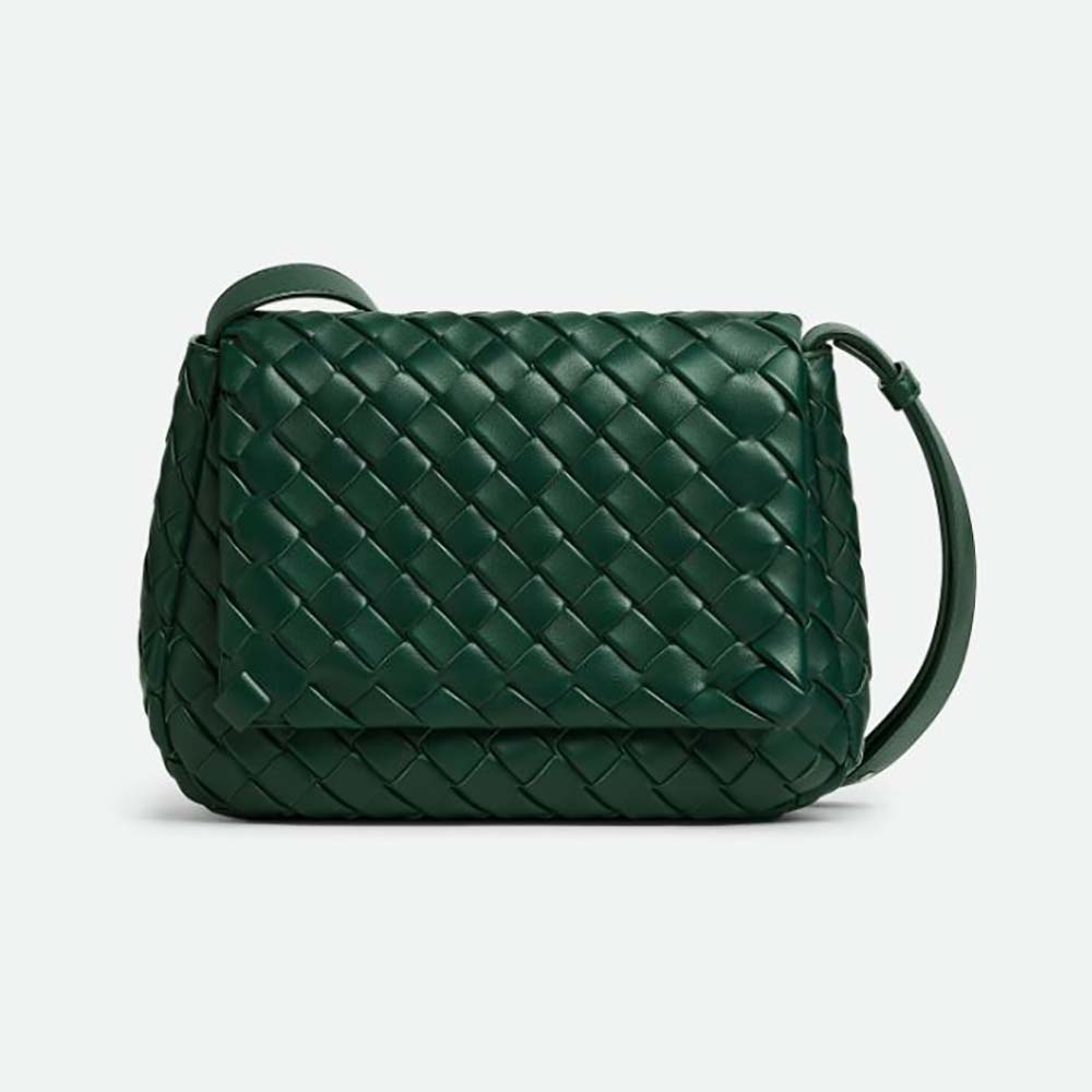 Front view of Bottega Veneta Unisex Small Cobble Messenger dark green leather