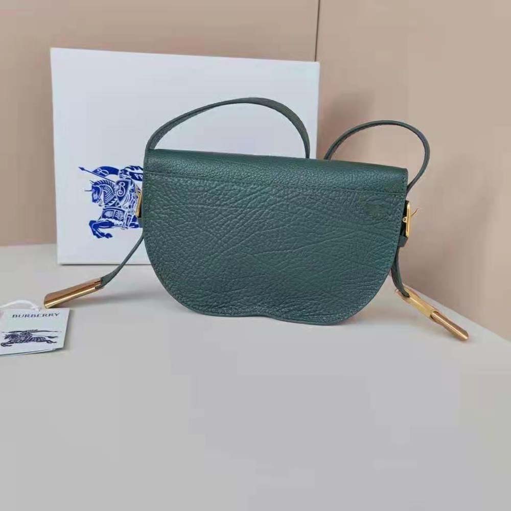 Side angle displaying dark green leather texture on Burberry Women Chess Satchel