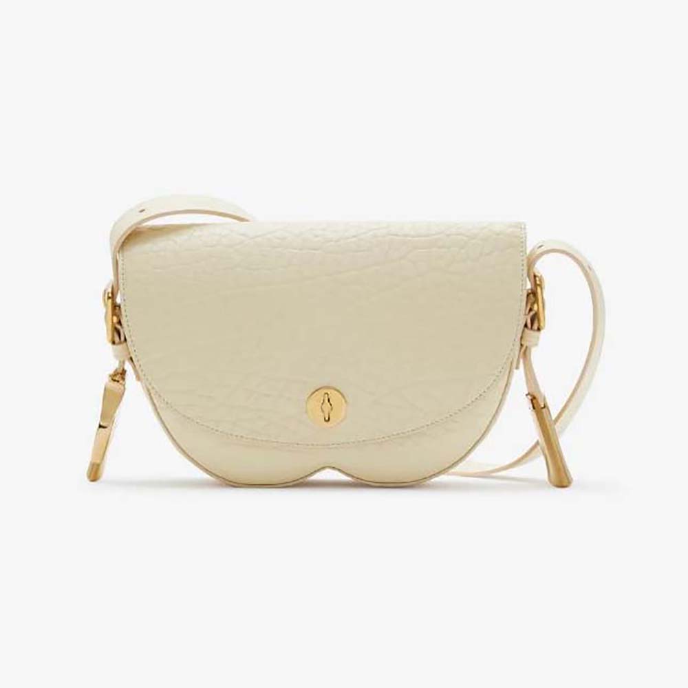 Front view of Burberry Women Chess Satchel-White showcasing flap and clasp