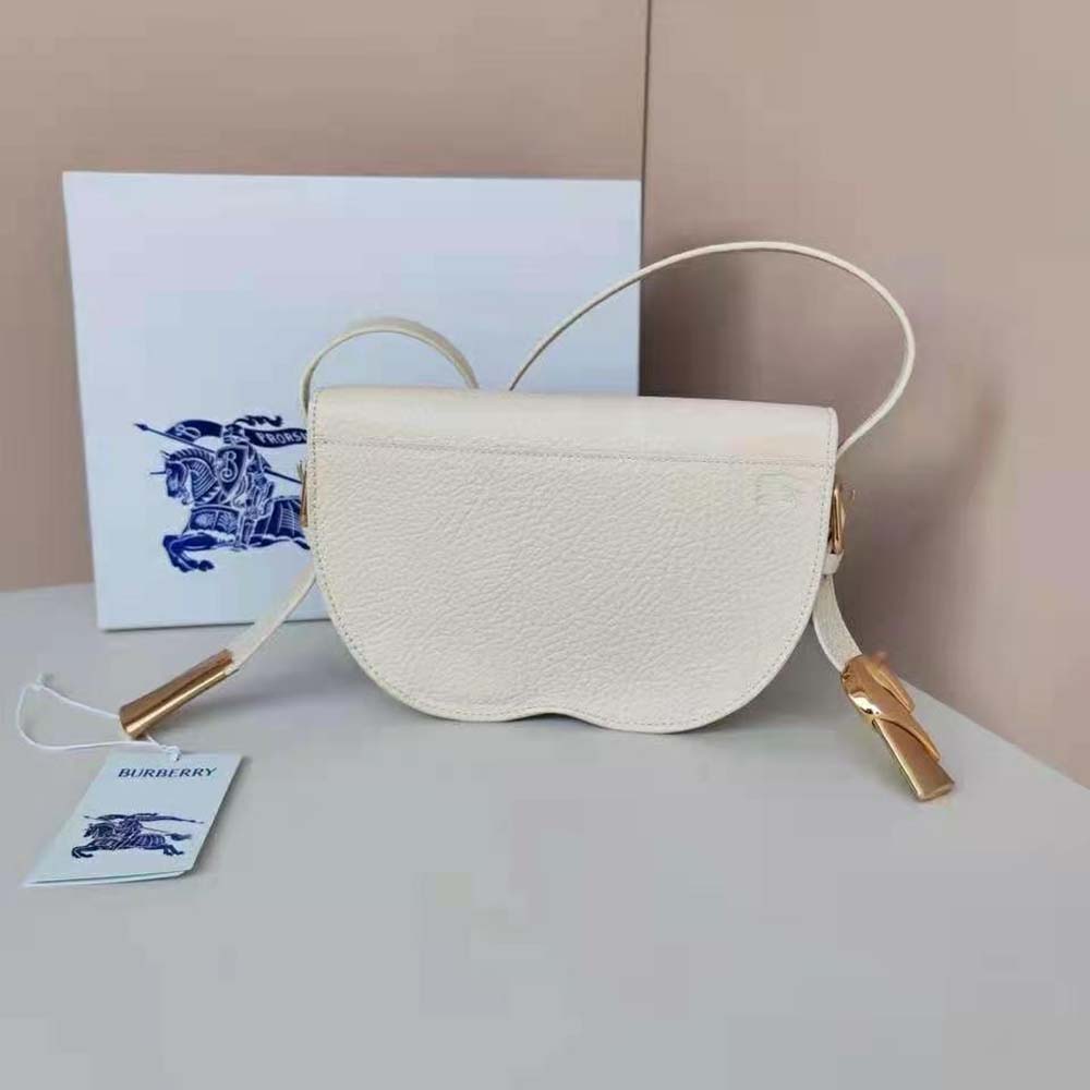 Side angle of Burberry Women Chess Satchel-White with adjustable strap