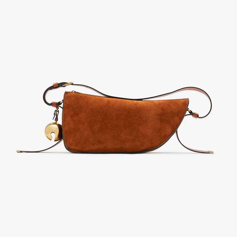 Front view of Burberry Women Small Shield Sling Bag-Brown with gold hardware