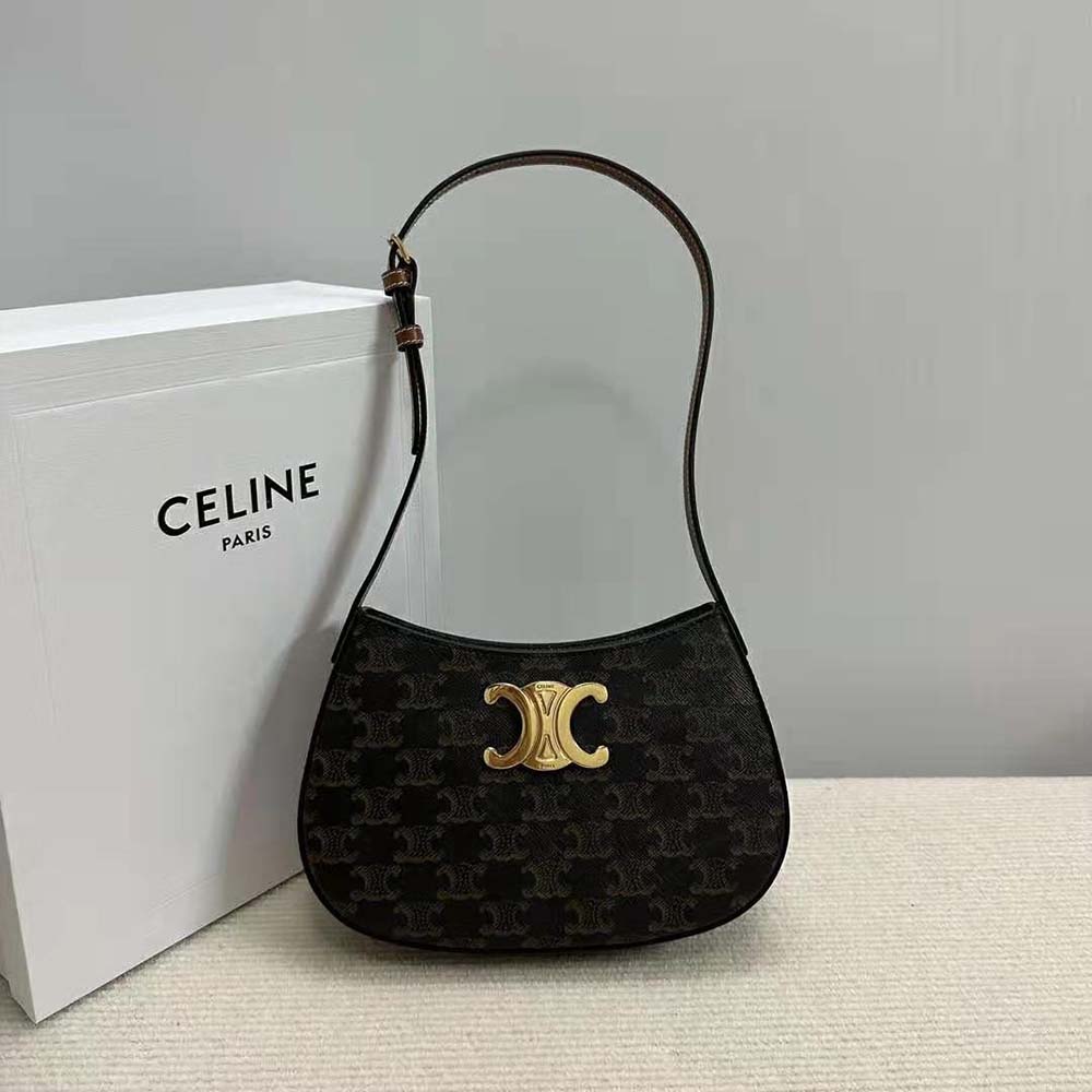 Close-up of gold Triomphe clasp on Celine Women Medium Tilly Bag