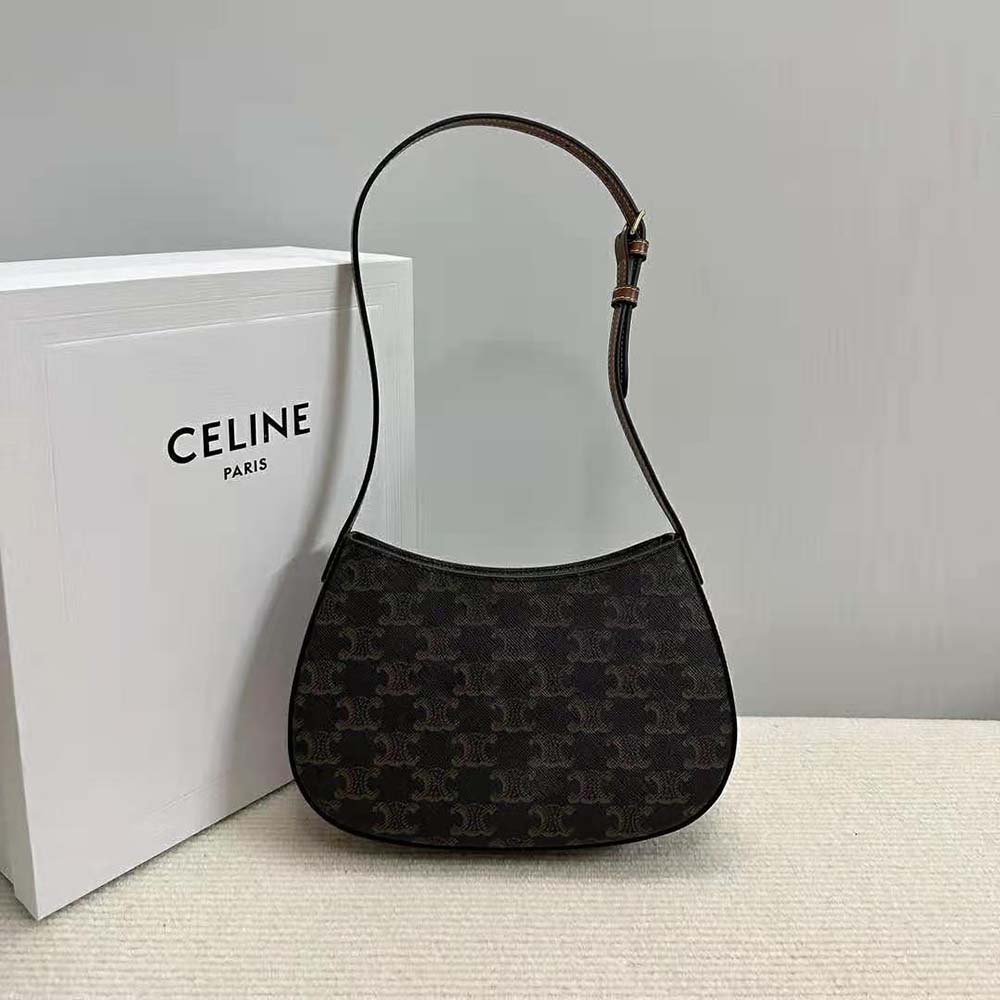 Side angle showing brown calfskin trim on Celine Women Medium Tilly Bag