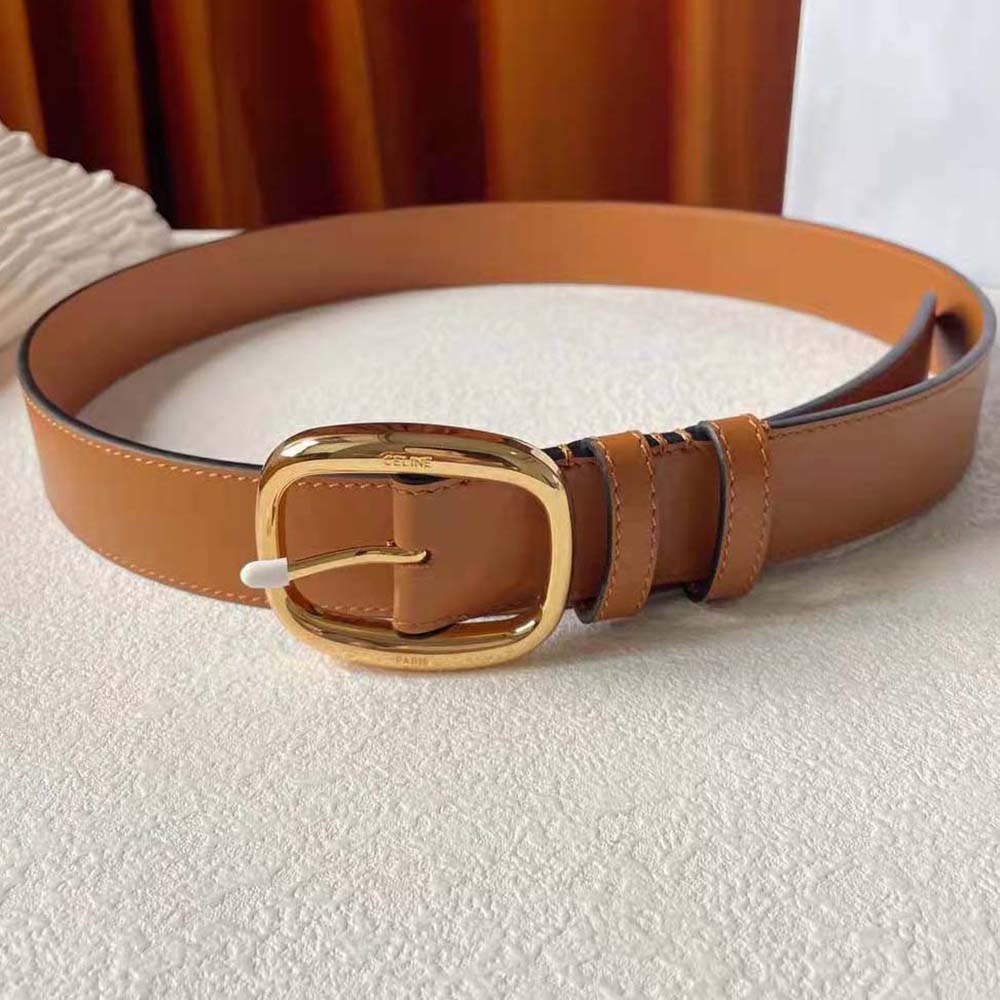 Close-up of polished Twin Triomphe buckle on Celine vintage calfskin belt
