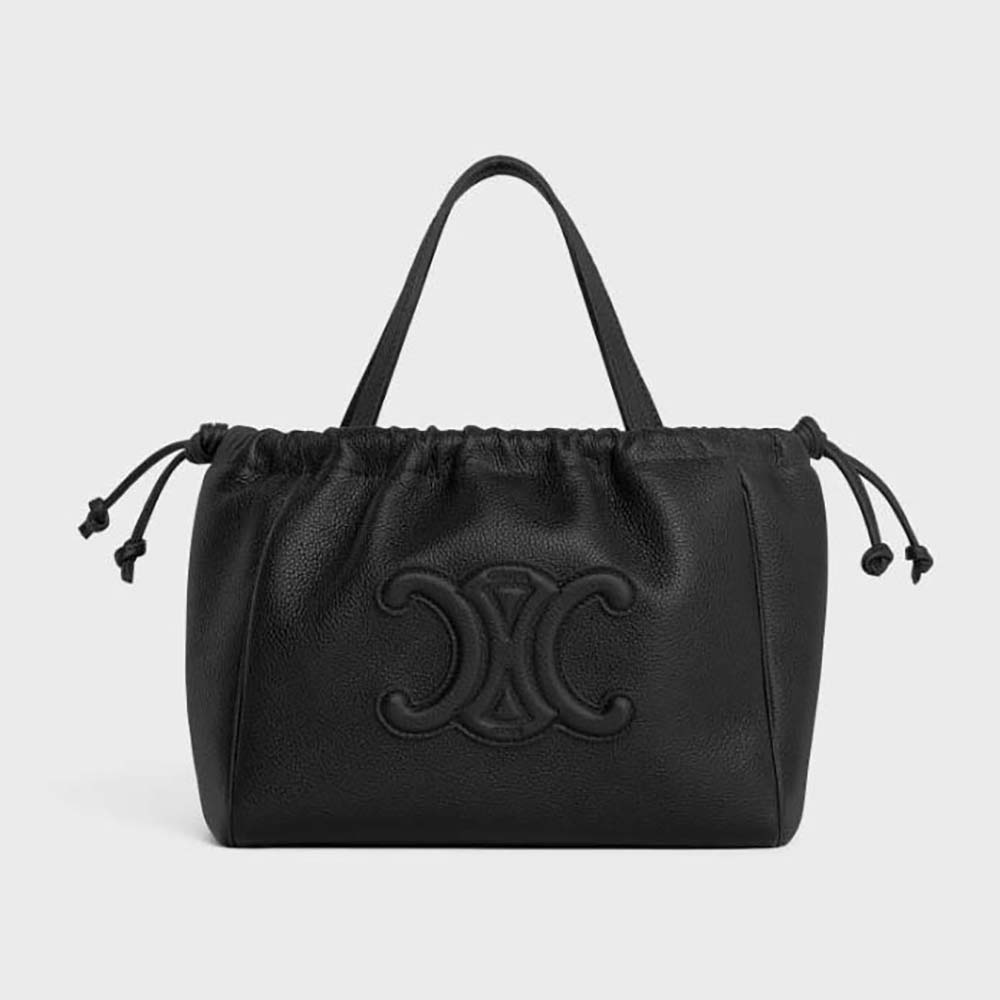 Front view of Celine Women Small Cabas Drawstring Cuir Triomphe in black