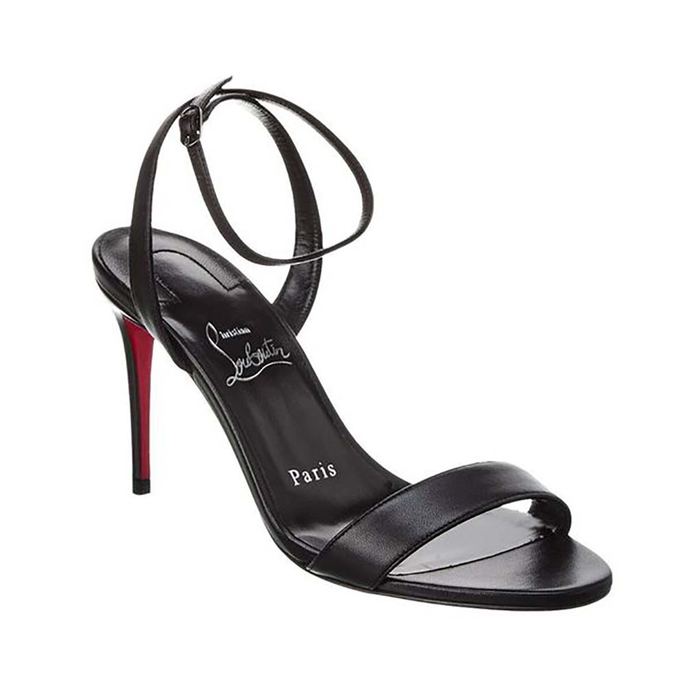 Front angle showing buckle closure on Christian Louboutin black high heels