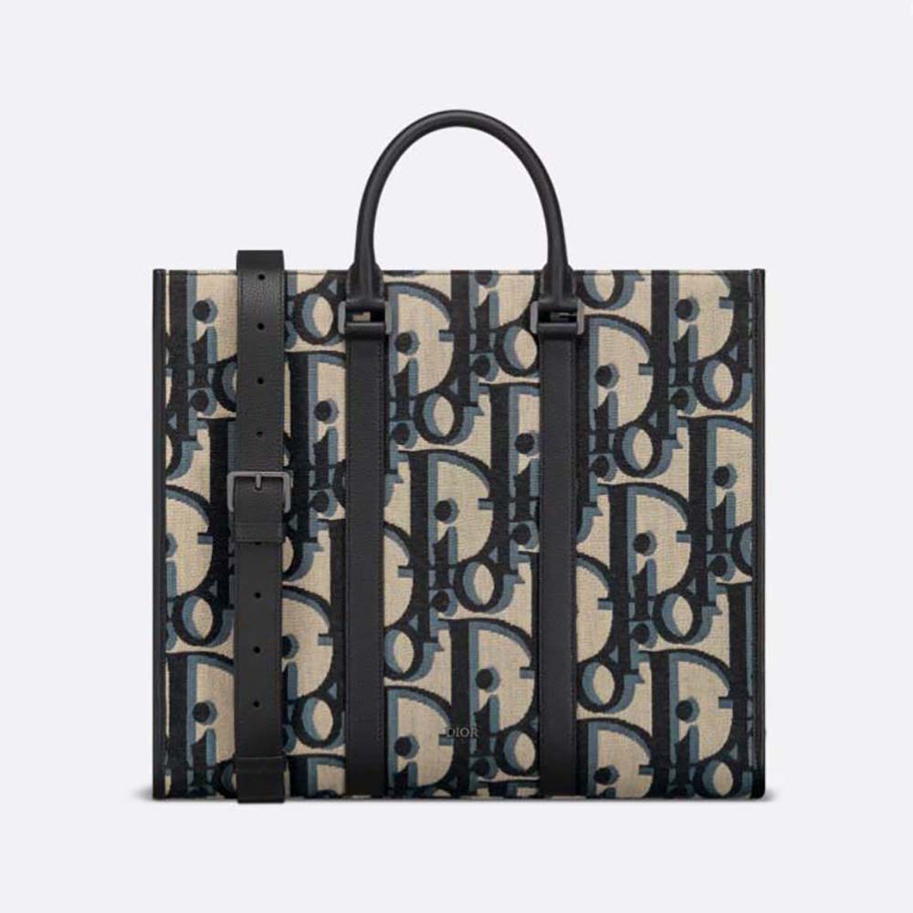 Front view of Dior Men East-West Tote Bag beige and black jacquard