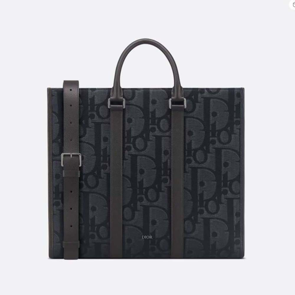 Front view of Dior Men East-West Tote Bag Black Maxi Dior Oblique Jacquard