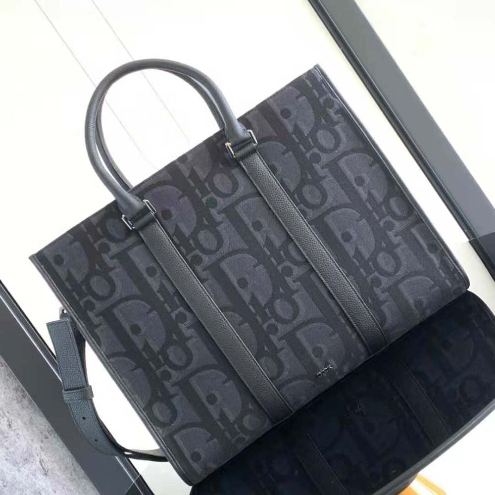 Side angle showing spacious interior of Dior Men East-West Tote Bag Black