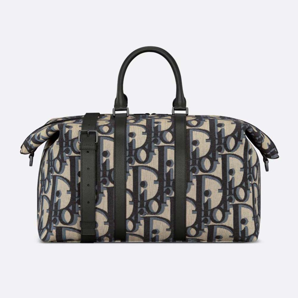 Front view of Dior Men Weekender 50 Bag in beige and black jacquard