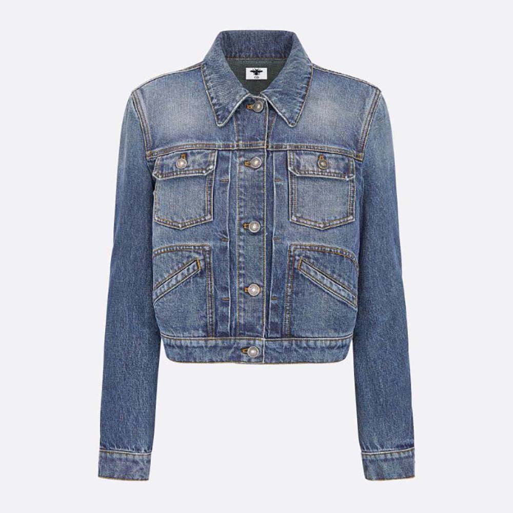 Front view of Dior Women Cropped Jacket Blue Stonewashed Cotton Denim navy