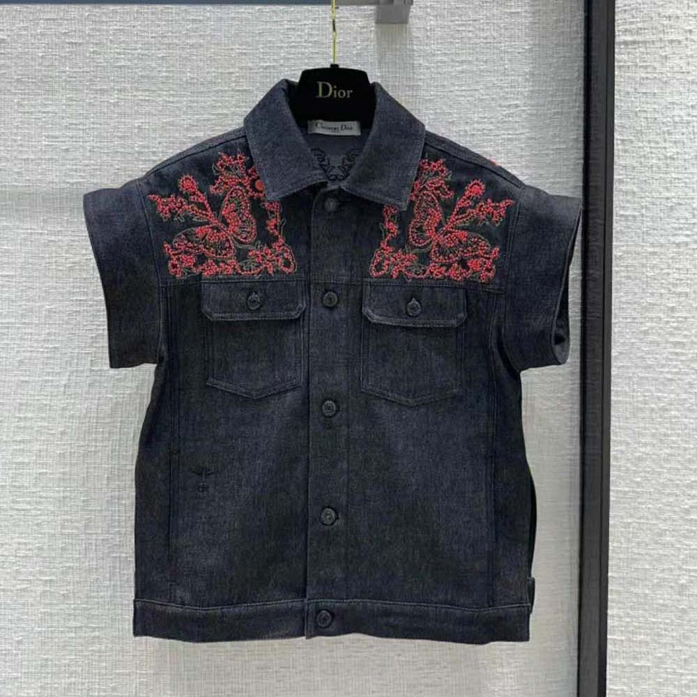 Close-up of coral bead embroidery on Dior Women Embroidered Jacket black denim