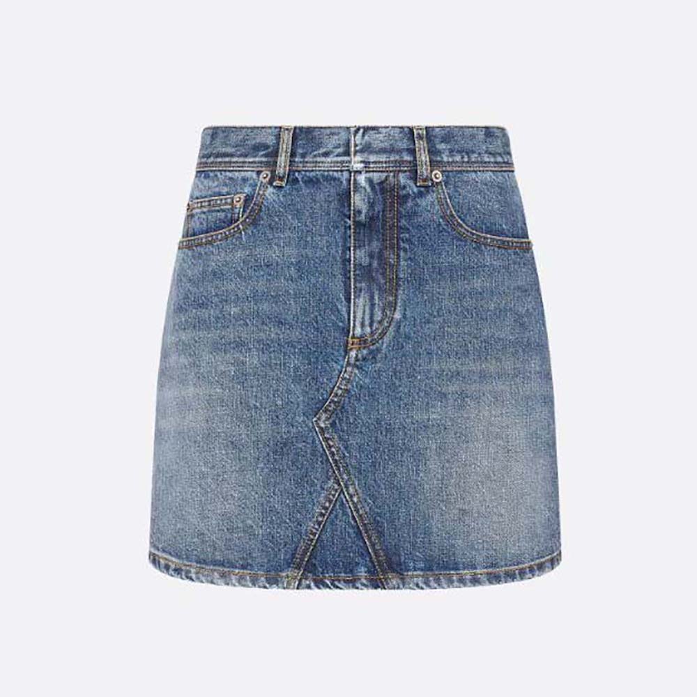 Front view of Dior Women Flared Miniskirt Blue Stonewashed Cotton Denim