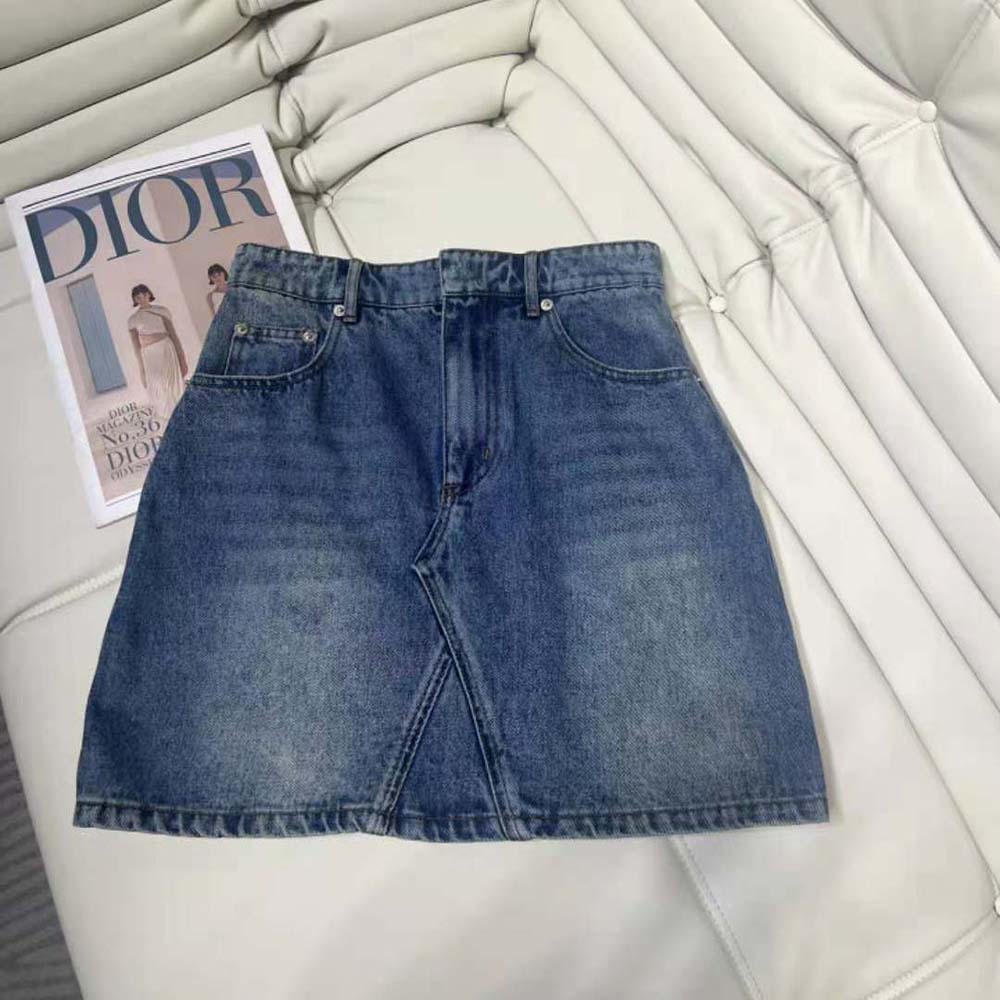 Side angle showing flare of Dior Women Flared Miniskirt in navy denim