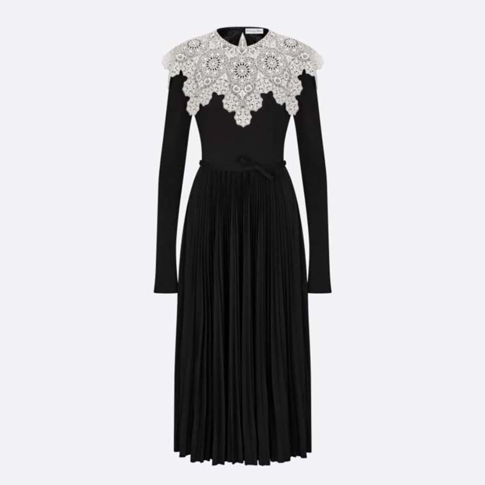 Front view of Dior Women Mid-Length Pleated Dress Black Technical Jersey and White Lace