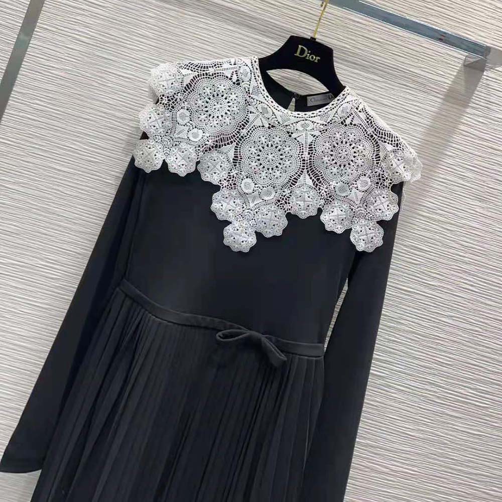 Dior Women Mid-Length Pleated Dress Black Technical Jersey and White Lace - image 4