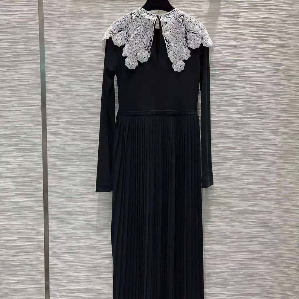 Side angle showing pleated skirt of Dior Women Mid-Length Pleated Dress Black