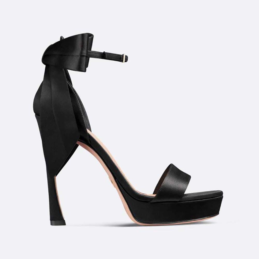 Side view of Dior Women Mlle Dior Heeled Sandal Black Satin heel detail
