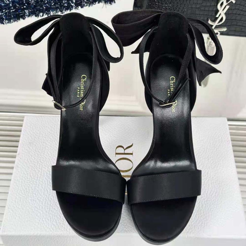 Front angle showing silhouette of Dior Women Mlle Dior Heeled Sandal Black Satin
