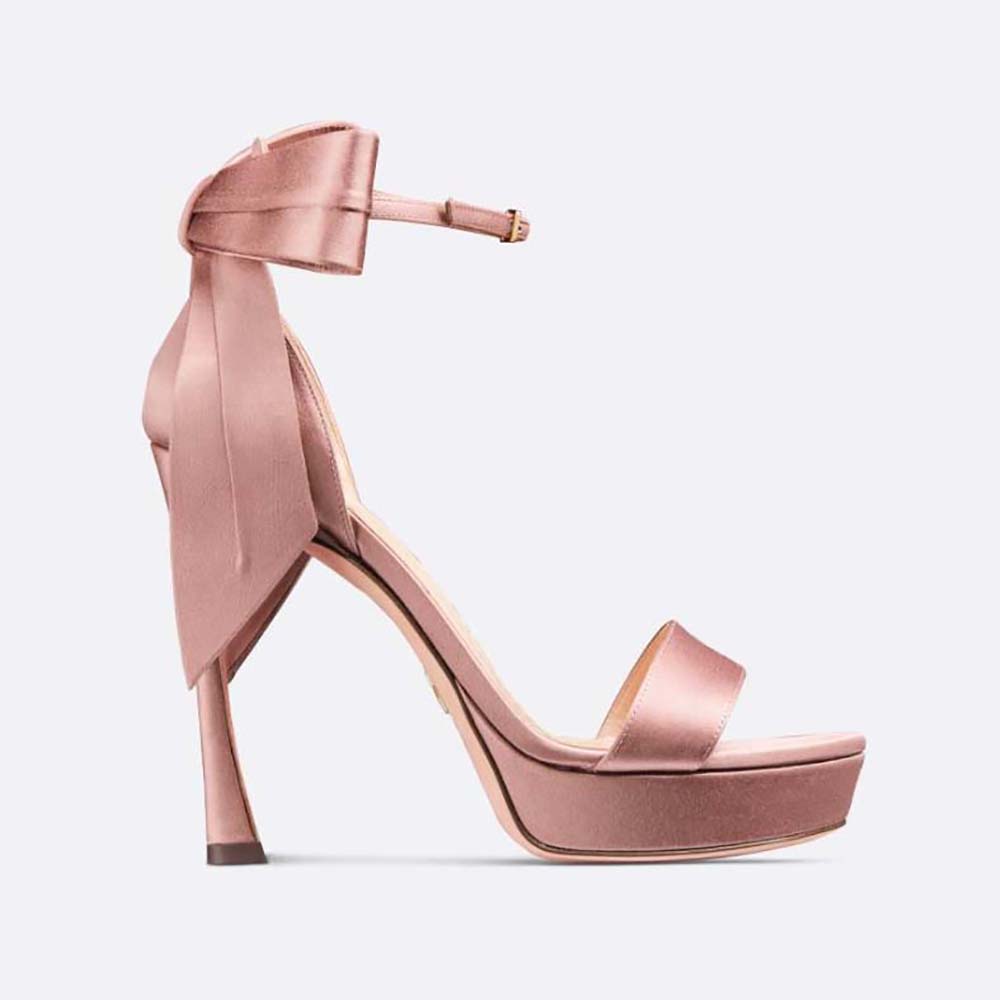 Side view of Dior Women Mlle Dior Heeled Sandal Rose Des Vents Satin showing heel