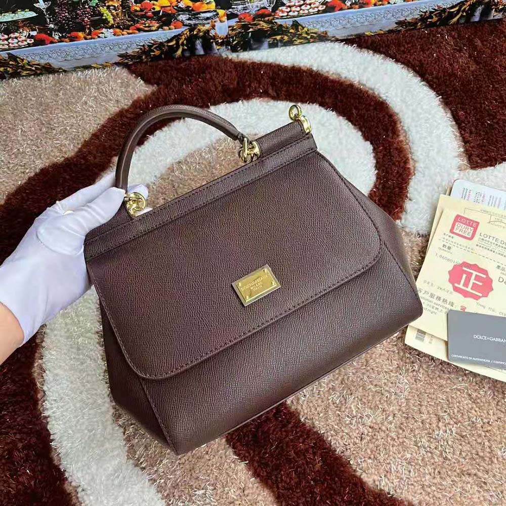 Side profile showing quilting detail on Dolce Gabbana D&G Women Medium Dauphine Leather Sicily Bag-Bordeaux