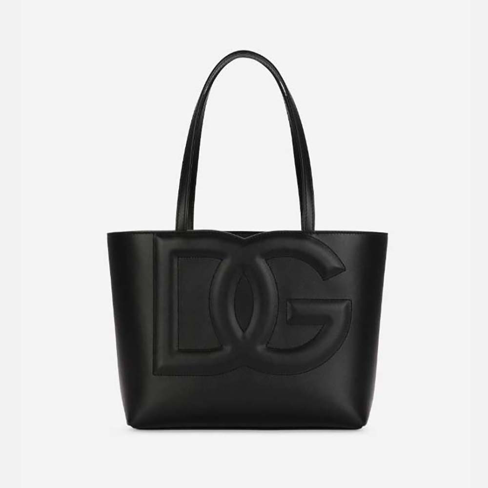 Front view of Dolce Gabbana D&G Women Small Calfskin DG Logo Bag Shopper-Black