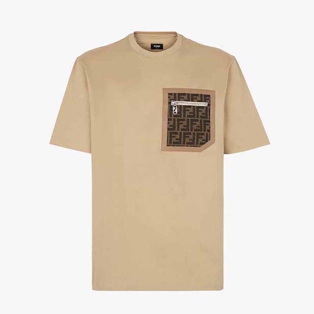 Front view of Fendi Men Beige Jersey T-shirt showing classic fit