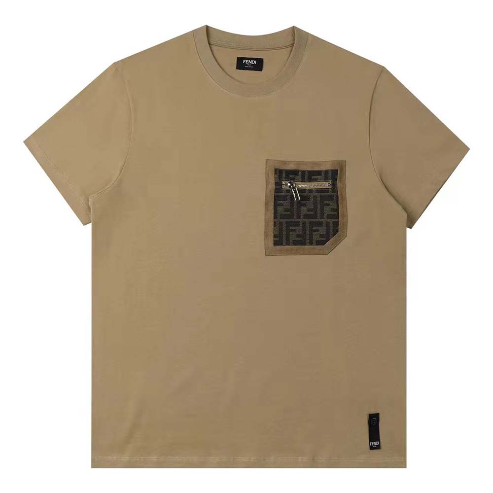 Close-up of subtle embossed Fendi logo on beige jersey fabric