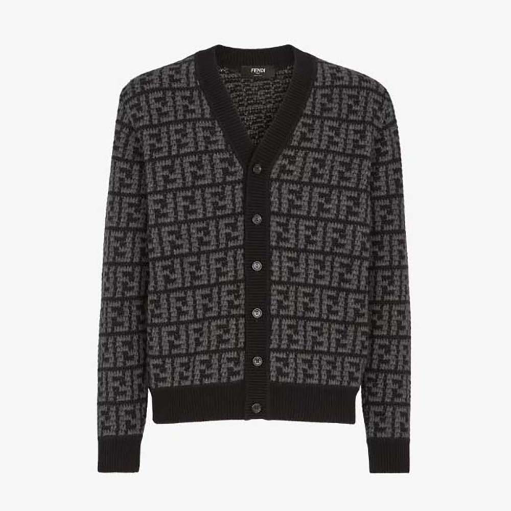 Front view of Fendi Men Black Cashmere Cardigan zipped up