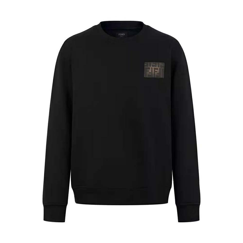 Close-up of subtle embossed Fendi logo on black jersey sweatshirt