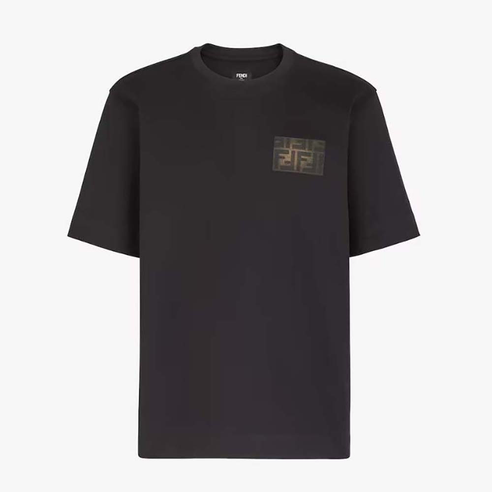Front view of Fendi Men Black Jersey T-shirt on mannequin