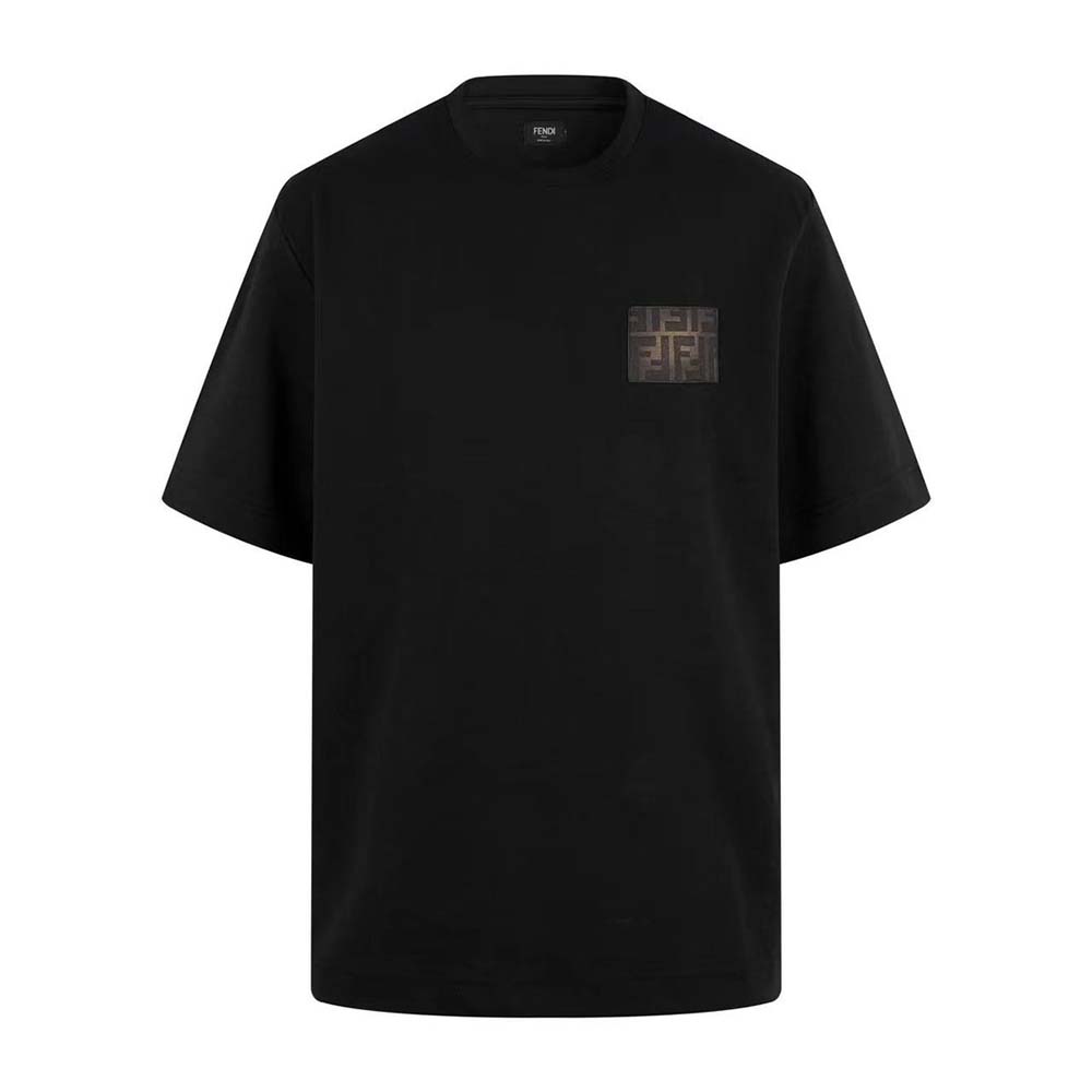 Close-up of Fendi logo detail on black jersey t-shirt
