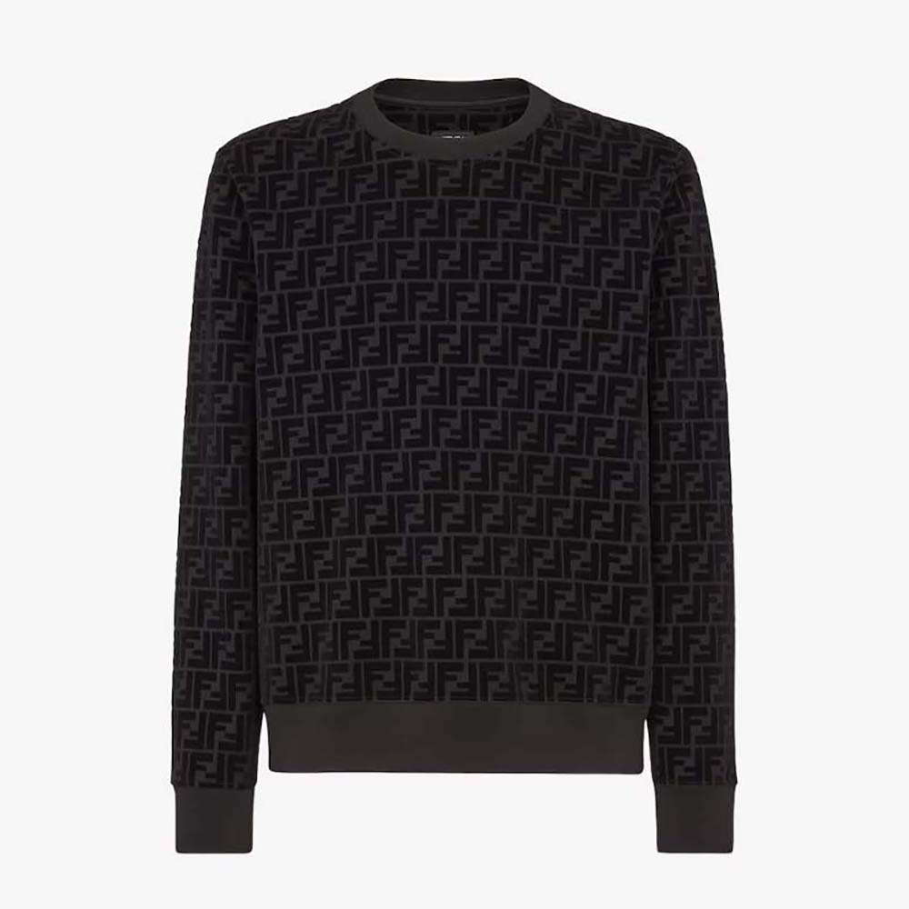 Front view of Fendi Men Black Piqué Sweatshirt showcasing zip closure