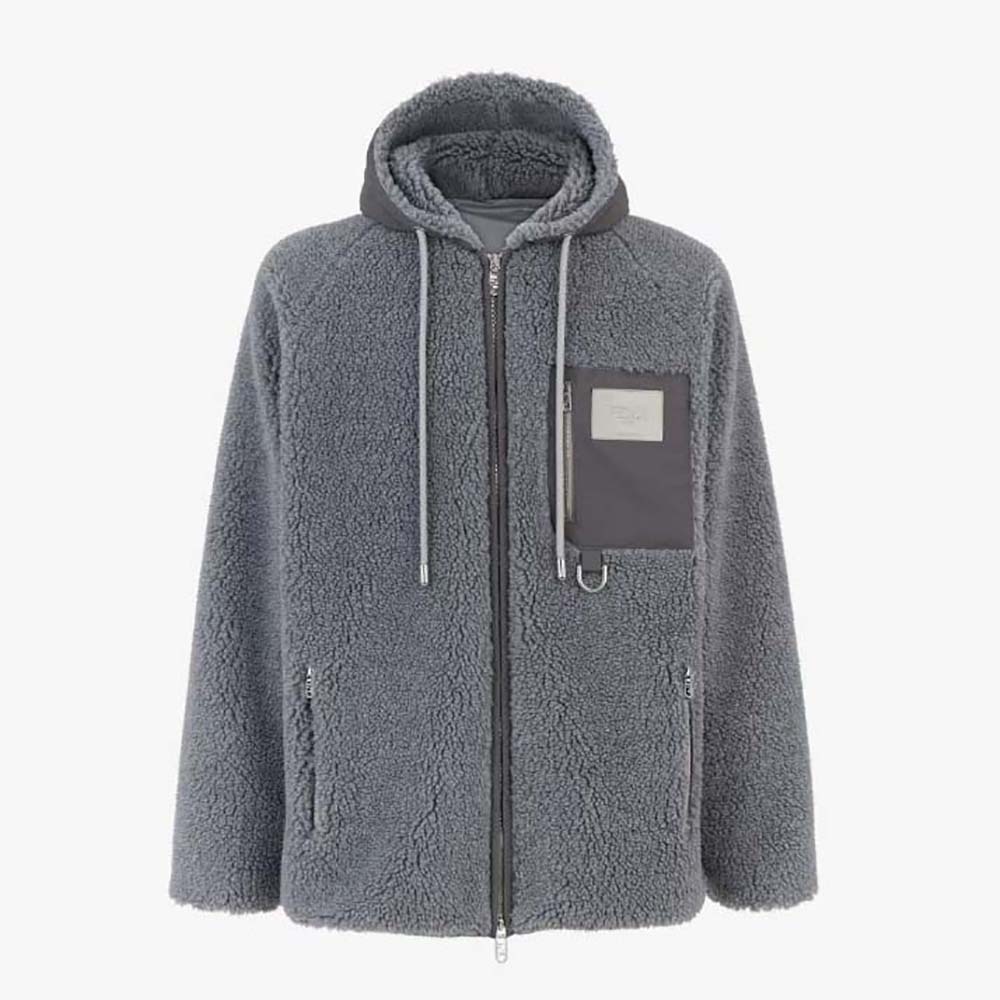 Front view of Fendi Men Blouson Gray Teddy Sweatshirt with zip closed