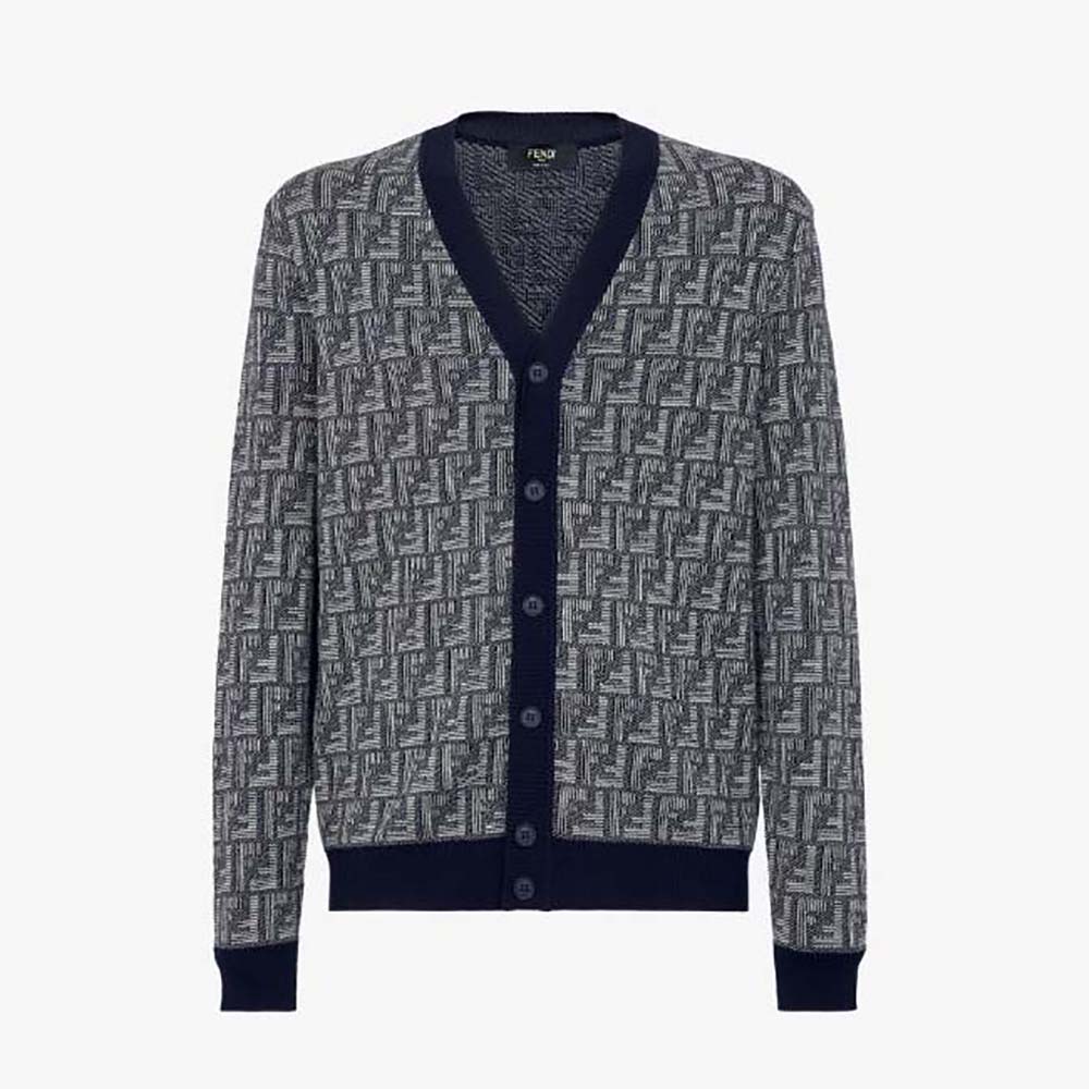 Front view of Fendi Men Blue Wool Cardigan zippered closure